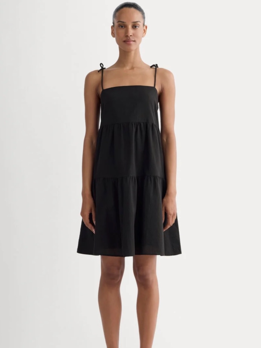 Everlane Black Tie-Shoulder Tiered Mini Dress